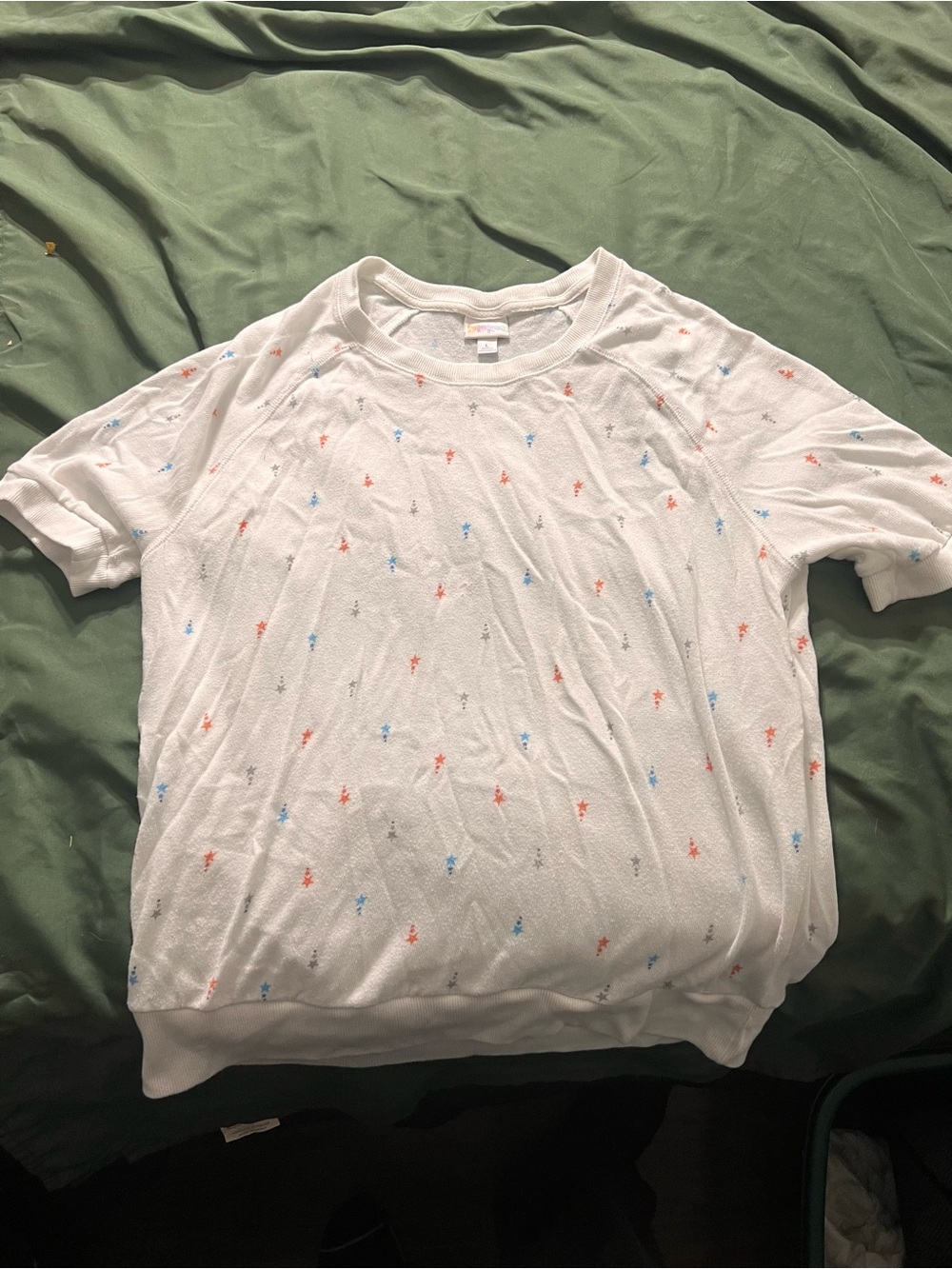 LuLaRoe White Short Sleeve Tee with Orange, Blue, and Gray Micro Motifs